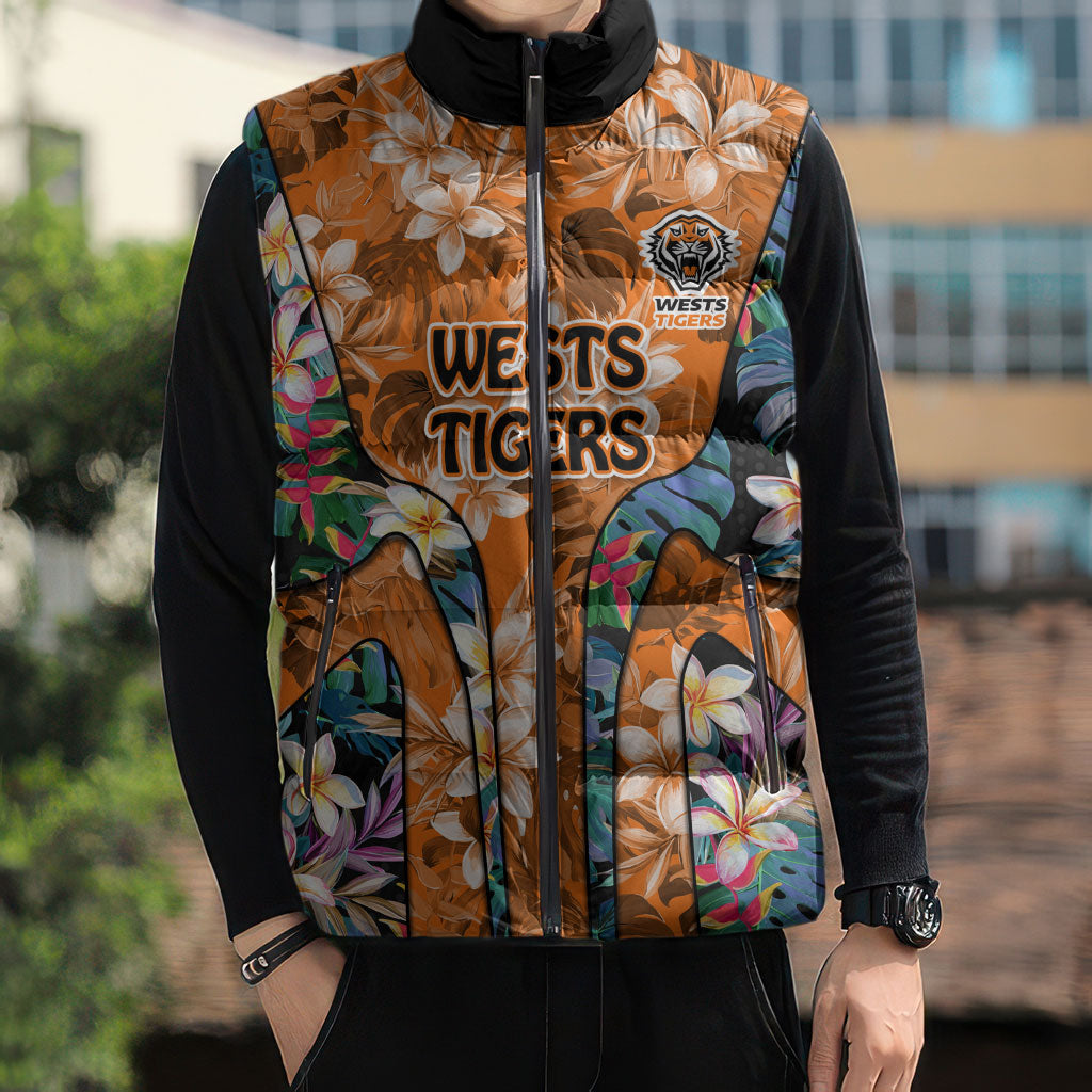 Wests Tigers Sleeveless Puffer Jacket Tropical Hibiscus Floral Pattern With Orange And Black Accents
