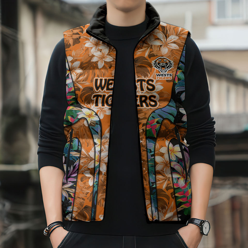 Wests Tigers Sleeveless Puffer Jacket Tropical Hibiscus Floral Pattern With Orange And Black Accents