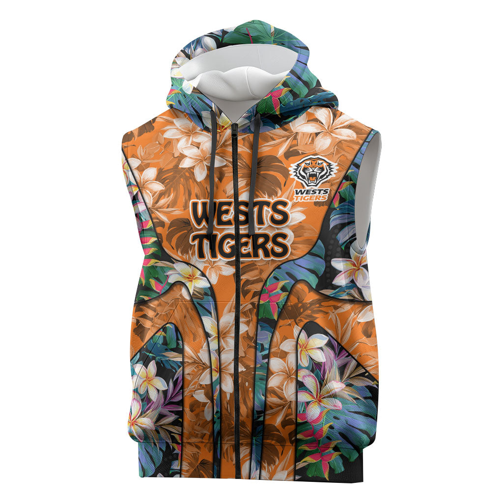 Wests Tigers Sleeveless Zip Hoodie Tropical Hibiscus Floral Pattern With Orange And Black Accents