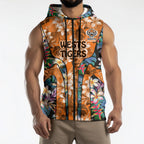 Wests Tigers Sleeveless Zip Hoodie Tropical Hibiscus Floral Pattern With Orange And Black Accents
