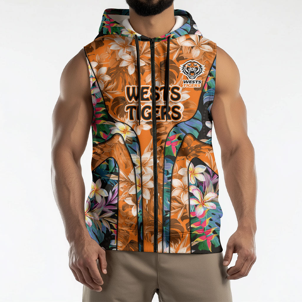 Wests Tigers Sleeveless Zip Hoodie Tropical Hibiscus Floral Pattern With Orange And Black Accents