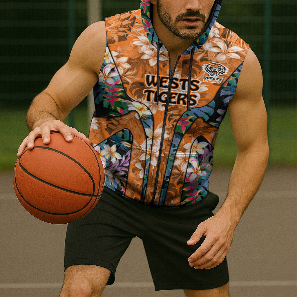 Wests Tigers Sleeveless Zip Hoodie Tropical Hibiscus Floral Pattern With Orange And Black Accents