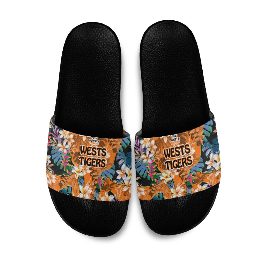 Wests Tigers Slide Sandals Tropical Hibiscus Floral Pattern With Orange And Black Accents