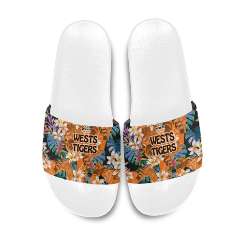 Wests Tigers Slide Sandals Tropical Hibiscus Floral Pattern With Orange And Black Accents