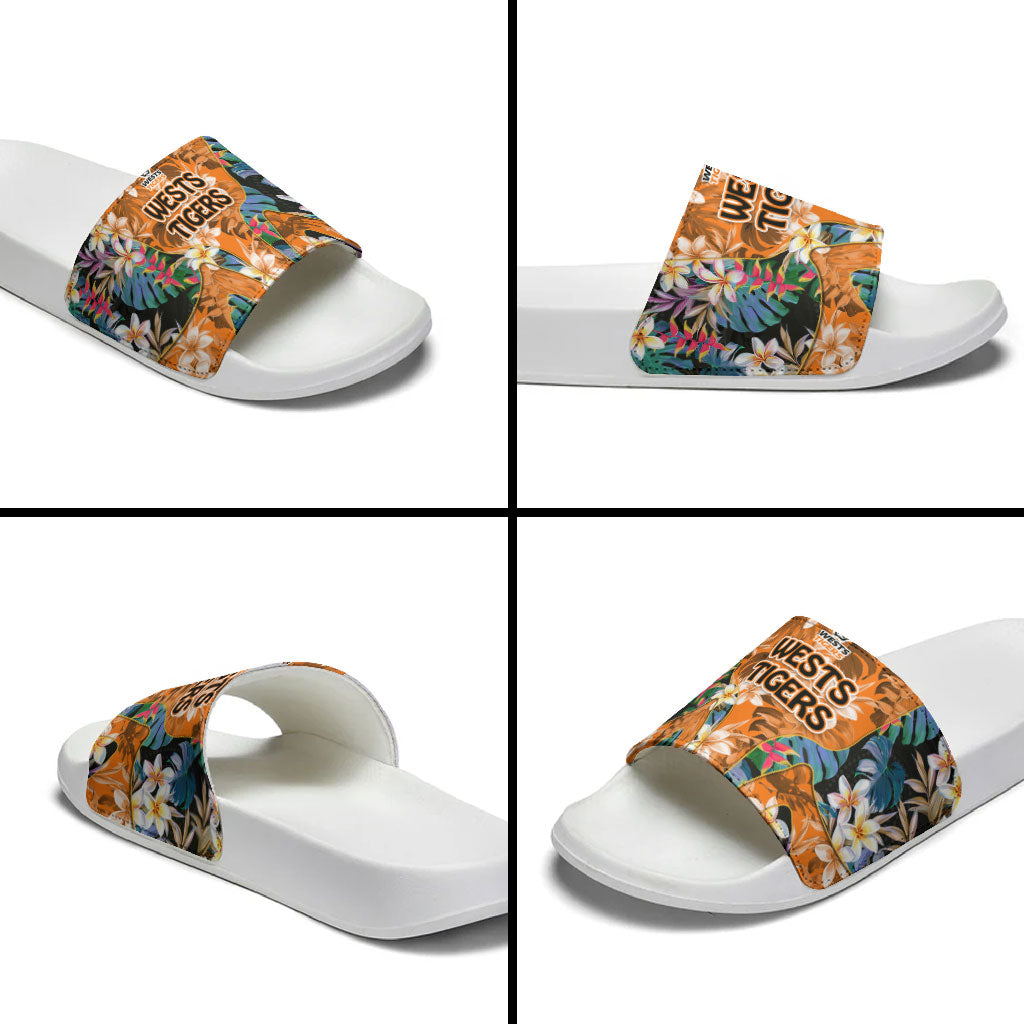 Wests Tigers Slide Sandals Tropical Hibiscus Floral Pattern With Orange And Black Accents