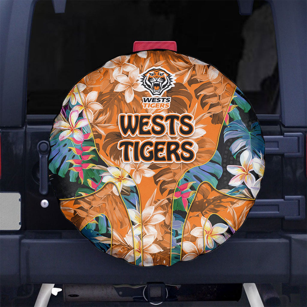 Wests Tigers Spare Tire Cover Tropical Hibiscus Floral Pattern With Orange And Black Accents
