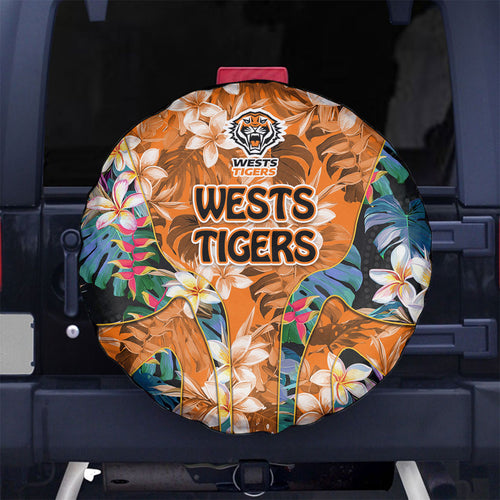 Wests Tigers Spare Tire Cover Tropical Hibiscus Floral Pattern With Orange And Black Accents