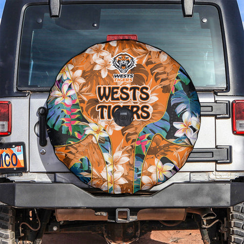 Wests Tigers Spare Tire Cover Tropical Hibiscus Floral Pattern With Orange And Black Accents