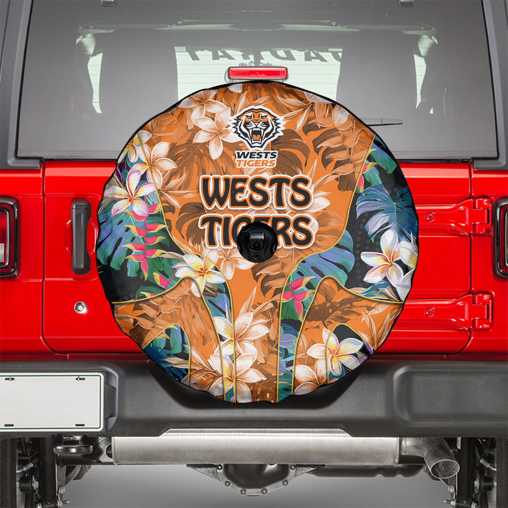 Wests Tigers Spare Tire Cover Tropical Hibiscus Floral Pattern With Orange And Black Accents