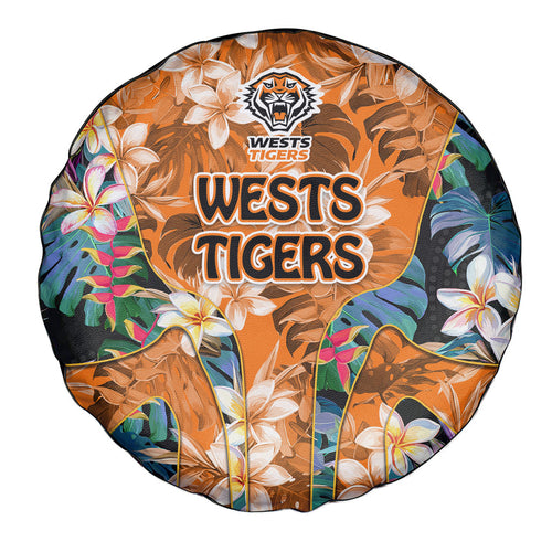 Wests Tigers Spare Tire Cover Tropical Hibiscus Floral Pattern With Orange And Black Accents