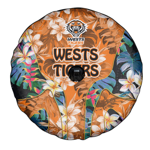 Wests Tigers Spare Tire Cover Tropical Hibiscus Floral Pattern With Orange And Black Accents