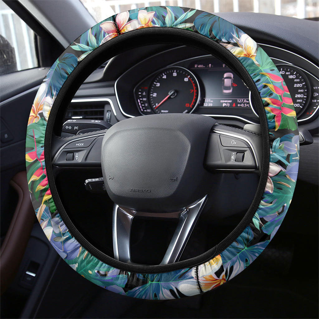 Wests Tigers Steering Wheel Cover Tropical Hibiscus Floral Pattern With Orange And Black Accents