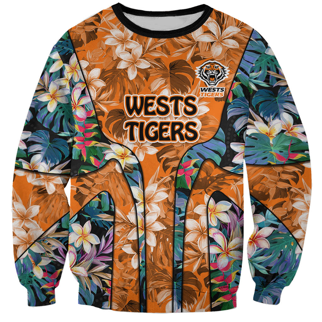 Wests Tigers Sweatshirt Tropical Hibiscus Floral Pattern With Orange And Black Accents
