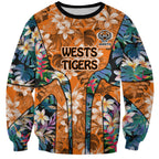 Wests Tigers Sweatshirt Tropical Hibiscus Floral Pattern With Orange And Black Accents