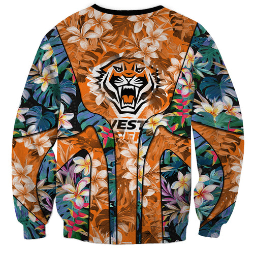 Wests Tigers Sweatshirt Tropical Hibiscus Floral Pattern With Orange And Black Accents