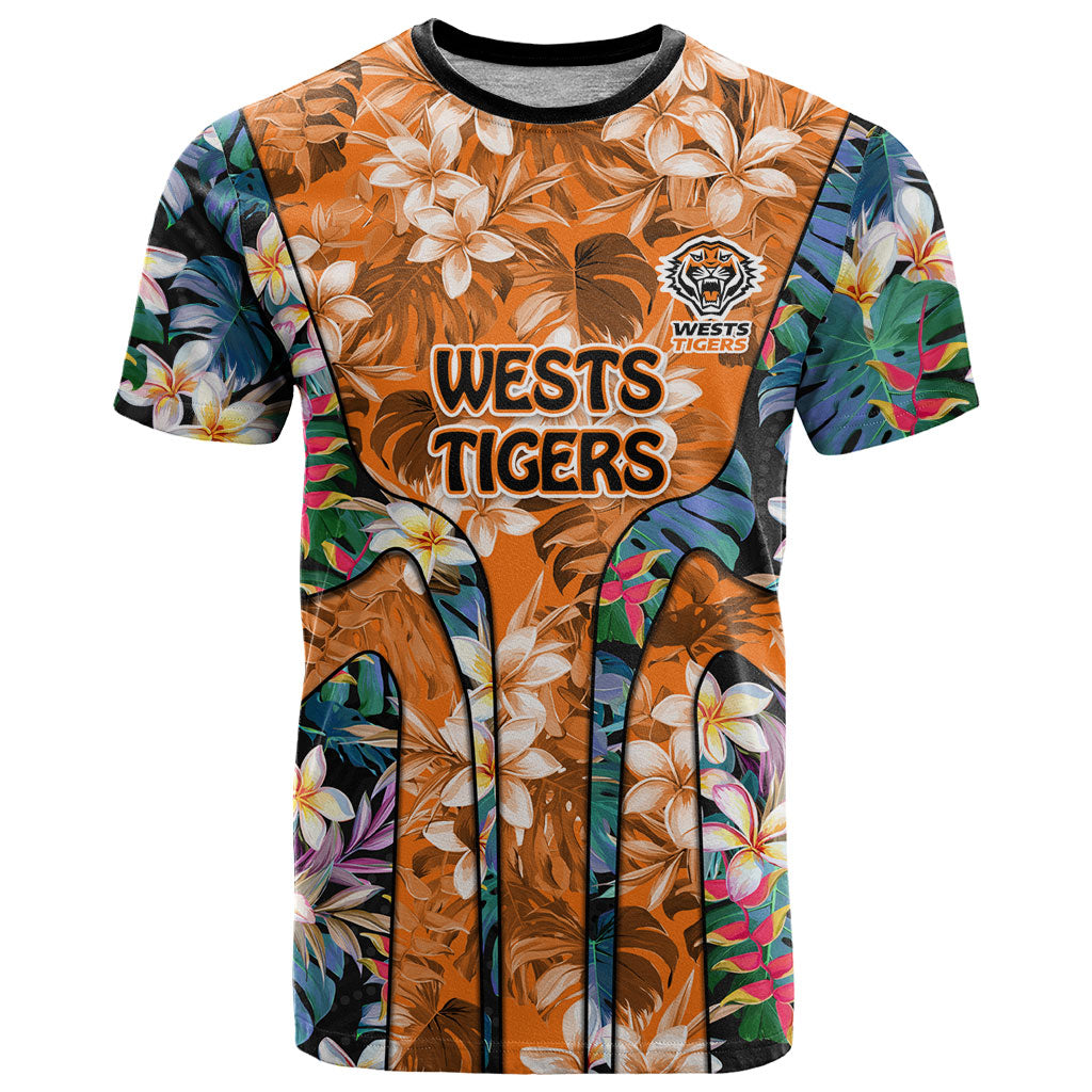 Wests Tigers T Shirt Tropical Hibiscus Floral Pattern With Orange And Black Accents