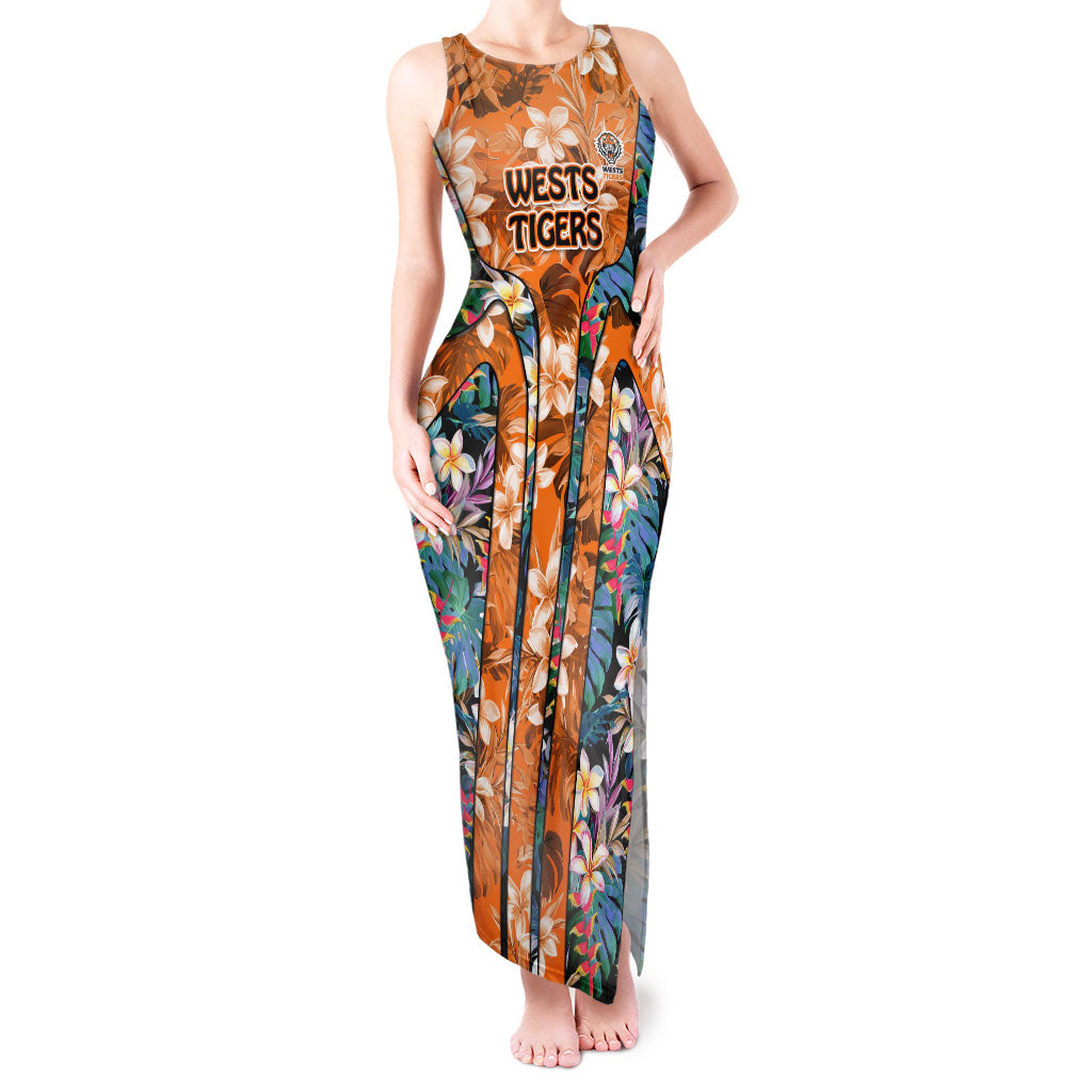 Wests Tigers Tank Maxi Dress Tropical Hibiscus Floral Pattern With Orange And Black Accents