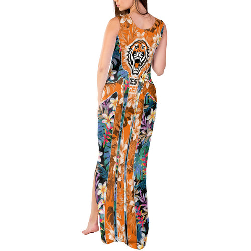 Wests Tigers Tank Maxi Dress Tropical Hibiscus Floral Pattern With Orange And Black Accents