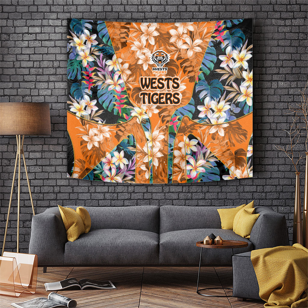 Wests Tigers Tapestry Tropical Hibiscus Floral Pattern With Orange And Black Accents