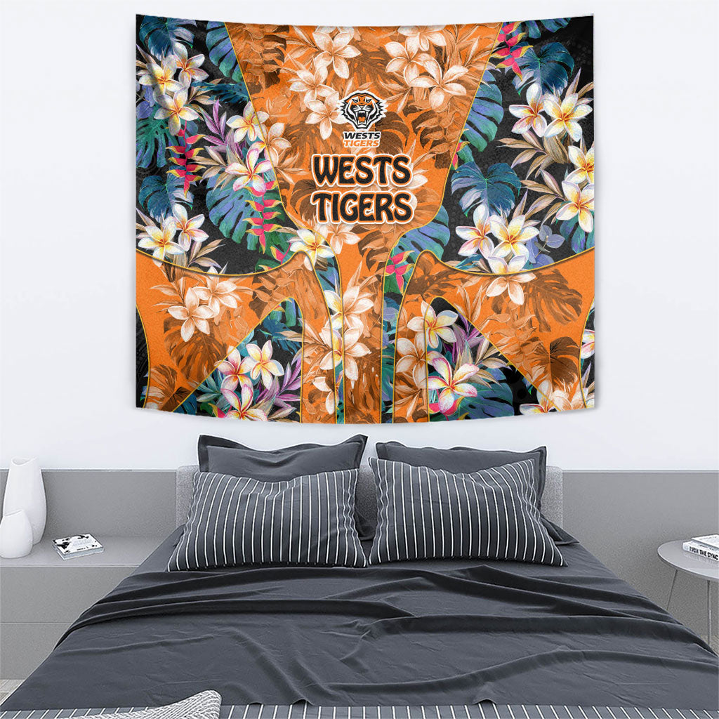 Wests Tigers Tapestry Tropical Hibiscus Floral Pattern With Orange And Black Accents