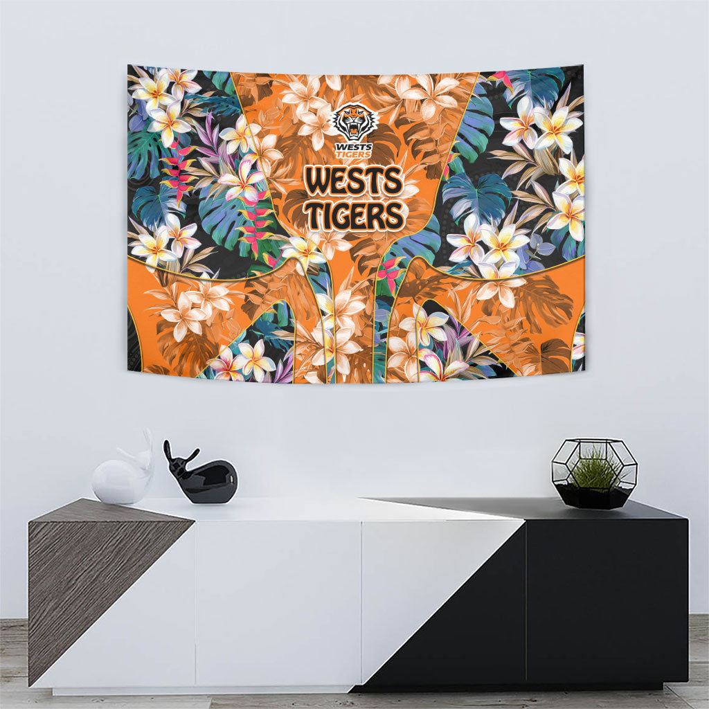 Wests Tigers Tapestry Tropical Hibiscus Floral Pattern With Orange And Black Accents