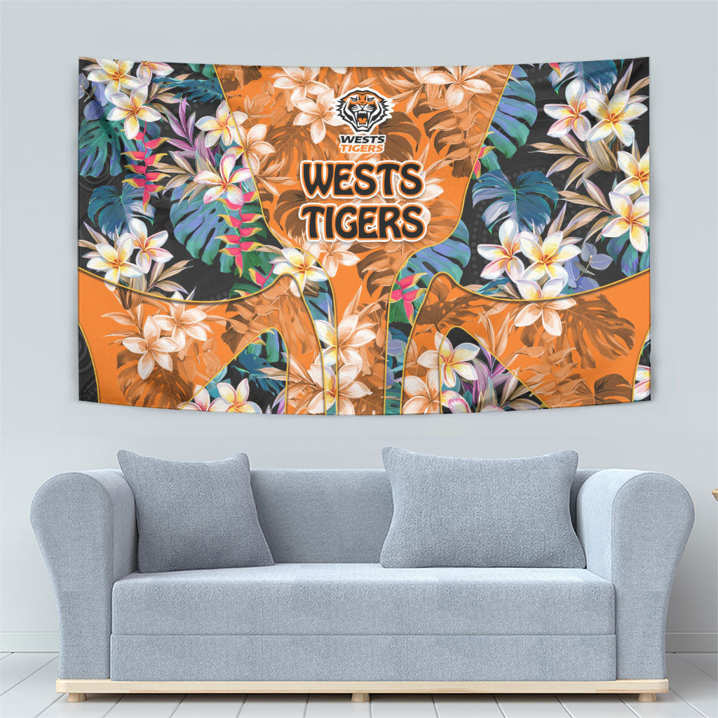 Wests Tigers Tapestry Tropical Hibiscus Floral Pattern With Orange And Black Accents
