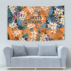 Wests Tigers Tapestry Tropical Hibiscus Floral Pattern With Orange And Black Accents