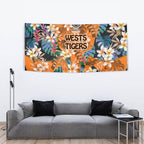 Wests Tigers Tapestry Tropical Hibiscus Floral Pattern With Orange And Black Accents