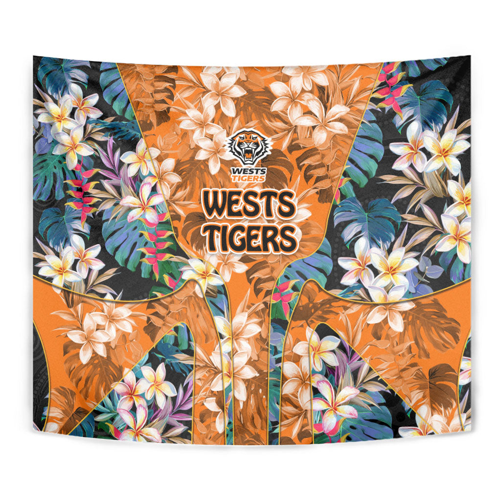 Wests Tigers Tapestry Tropical Hibiscus Floral Pattern With Orange And Black Accents