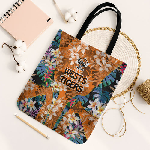 Wests Tigers Tote Bag Tropical Hibiscus Floral Pattern With Orange And Black Accents