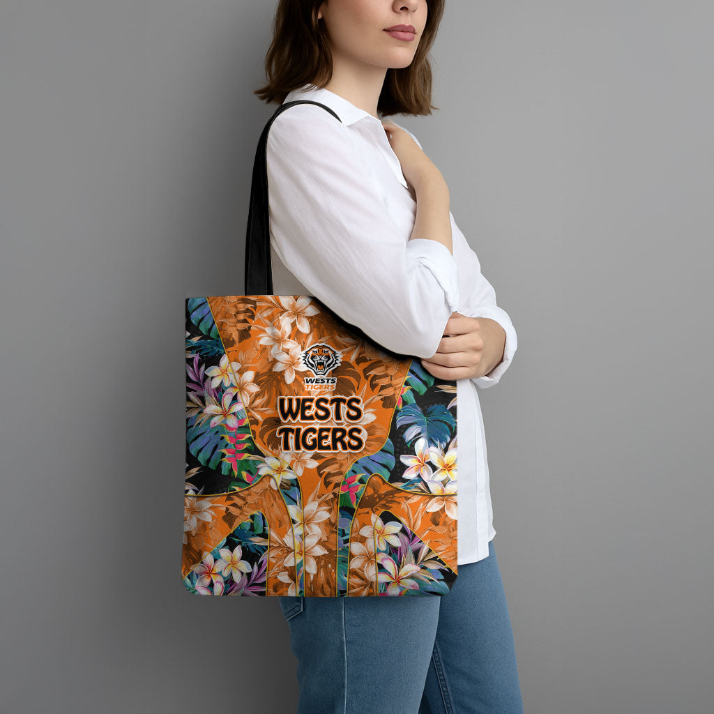 Wests Tigers Tote Bag Tropical Hibiscus Floral Pattern With Orange And Black Accents
