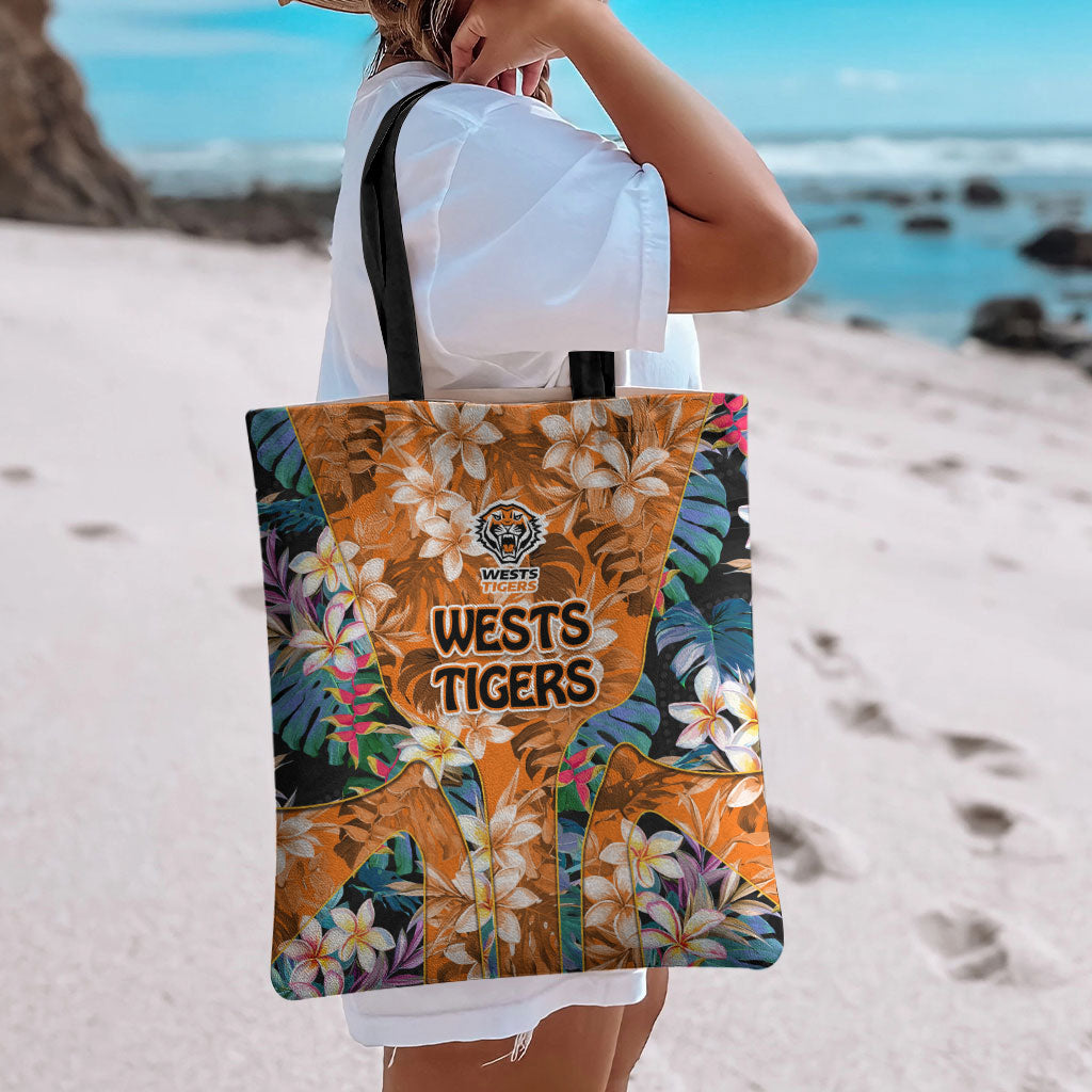 Wests Tigers Tote Bag Tropical Hibiscus Floral Pattern With Orange And Black Accents