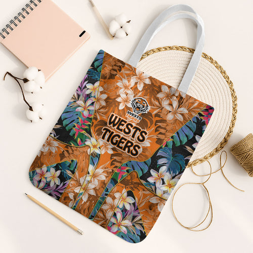 Wests Tigers Tote Bag Tropical Hibiscus Floral Pattern With Orange And Black Accents