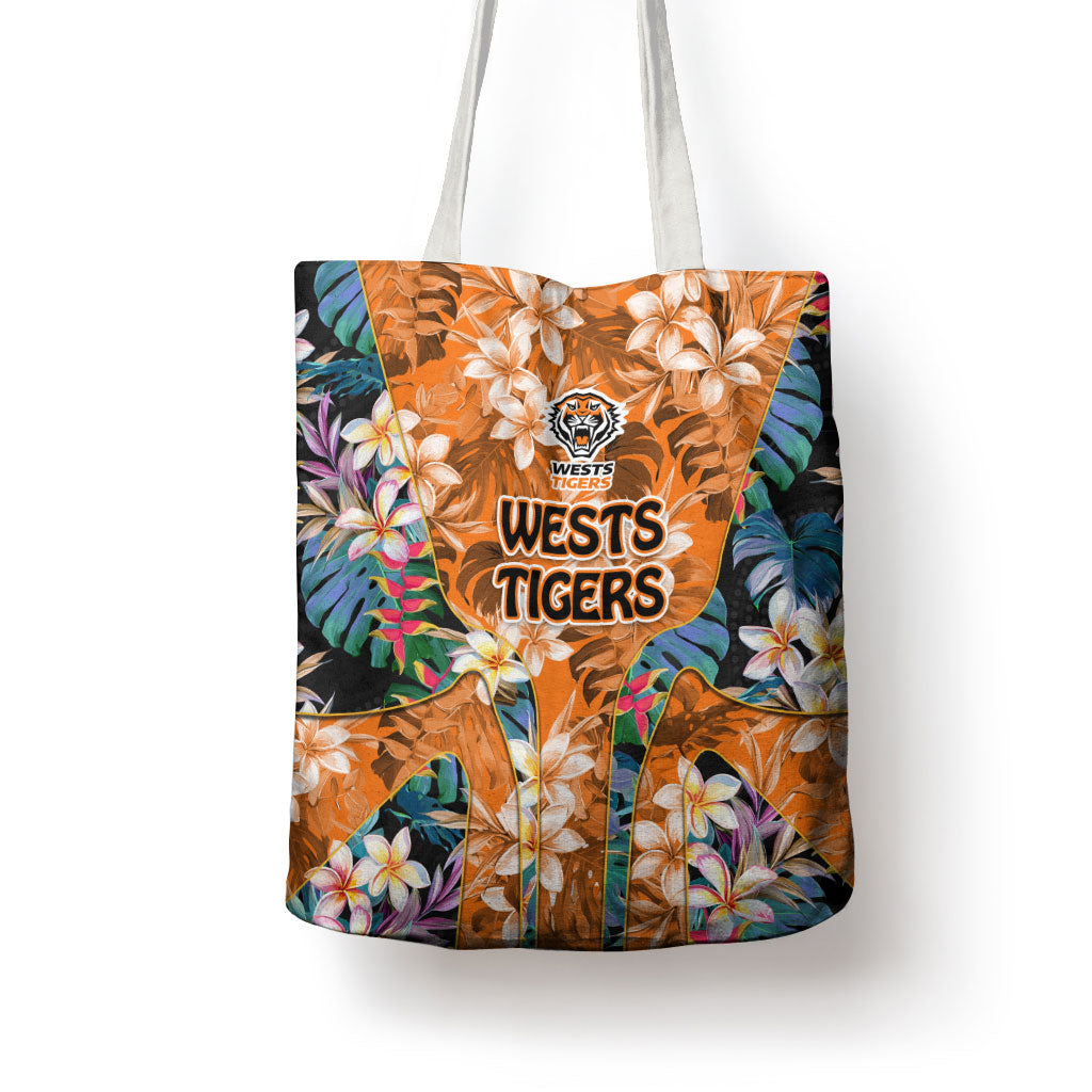 Wests Tigers Tote Bag Tropical Hibiscus Floral Pattern With Orange And Black Accents