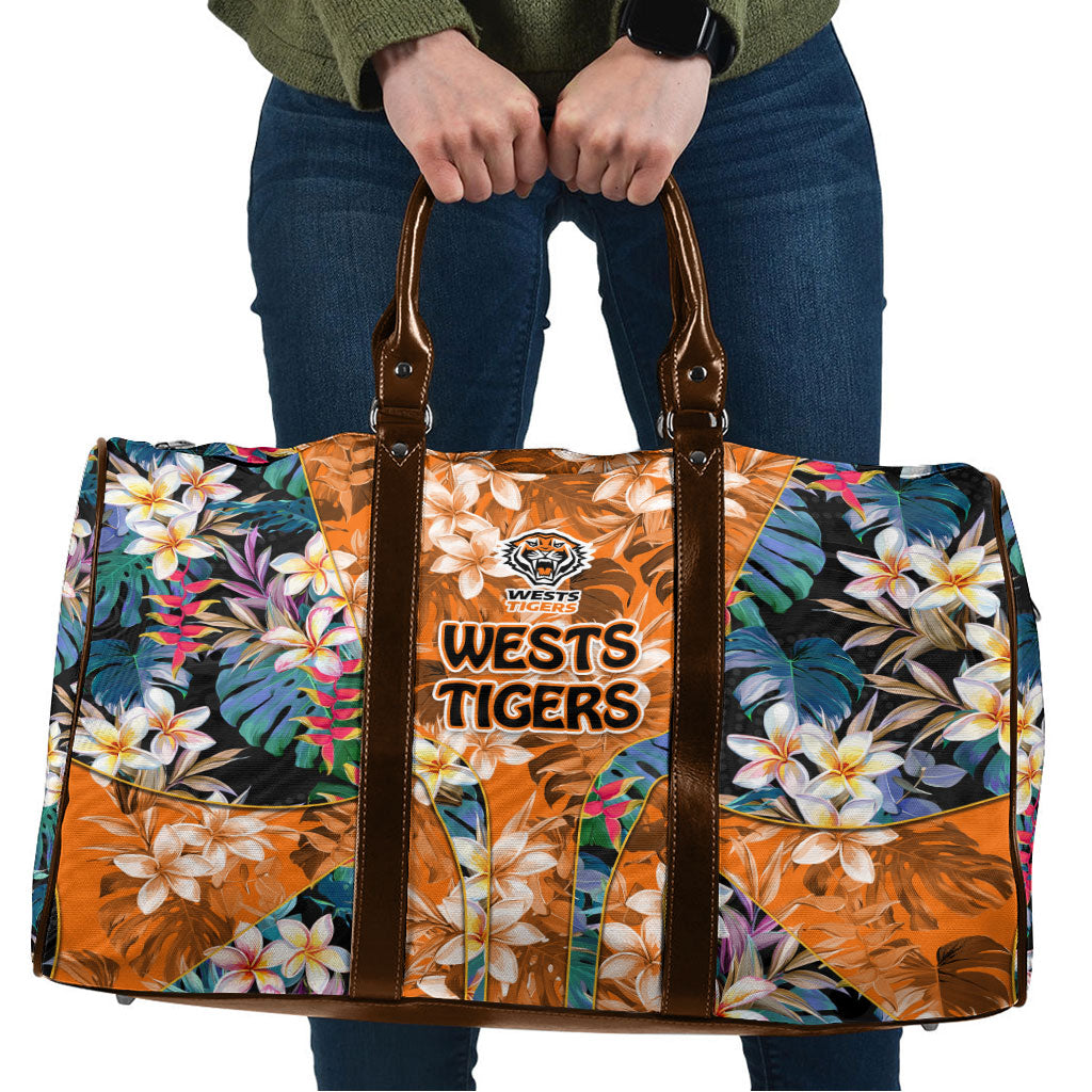 Wests Tigers Travel Bag Tropical Hibiscus Floral Pattern With Orange And Black Accents