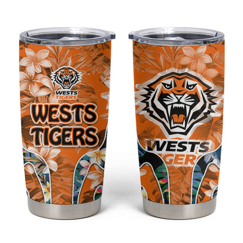 Wests Tigers Tumbler Cup Tropical Hibiscus Floral Pattern With Orange And Black Accents