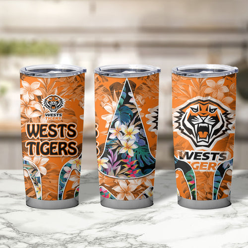 Wests Tigers Tumbler Cup Tropical Hibiscus Floral Pattern With Orange And Black Accents