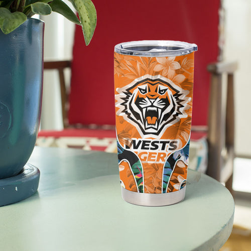 Wests Tigers Tumbler Cup Tropical Hibiscus Floral Pattern With Orange And Black Accents