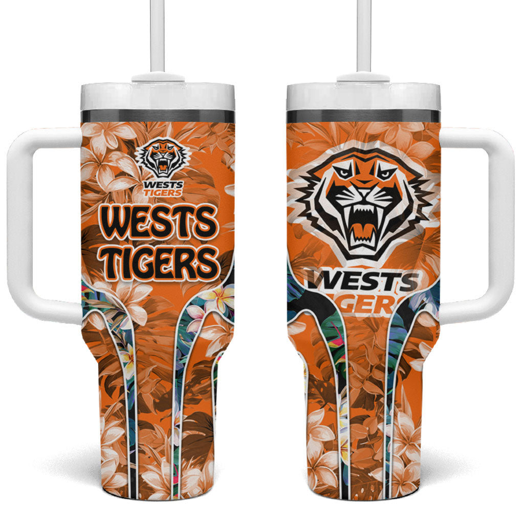 Wests Tigers Tumbler With Handle Tropical Hibiscus Floral Pattern With Orange And Black Accents