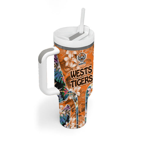 Wests Tigers Tumbler With Handle Tropical Hibiscus Floral Pattern With Orange And Black Accents