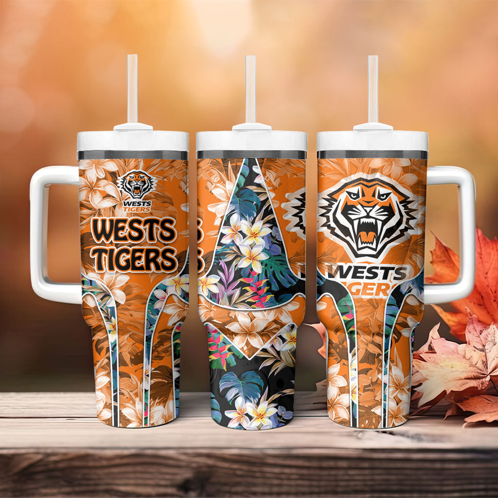 Wests Tigers Tumbler With Handle Tropical Hibiscus Floral Pattern With Orange And Black Accents