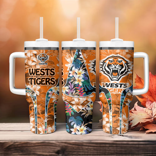 Wests Tigers Tumbler With Handle Tropical Hibiscus Floral Pattern With Orange And Black Accents