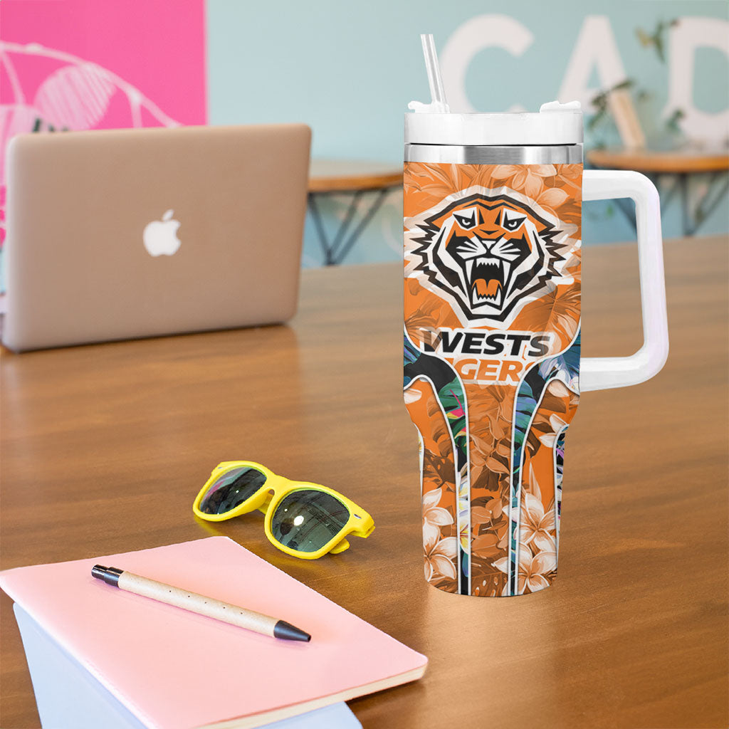 Wests Tigers Tumbler With Handle Tropical Hibiscus Floral Pattern With Orange And Black Accents