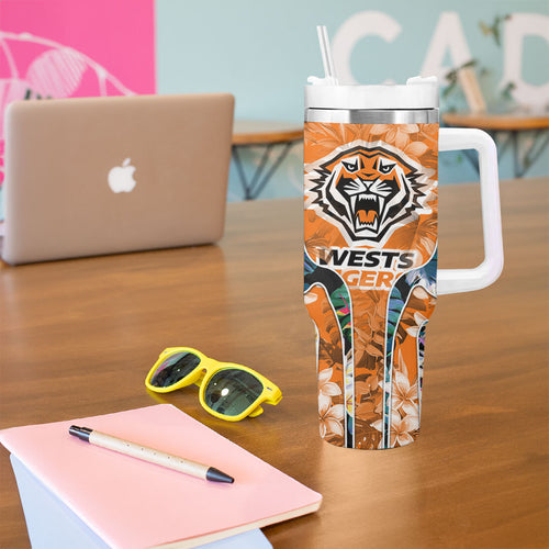 Wests Tigers Tumbler With Handle Tropical Hibiscus Floral Pattern With Orange And Black Accents