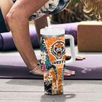Wests Tigers Tumbler With Handle Tropical Hibiscus Floral Pattern With Orange And Black Accents