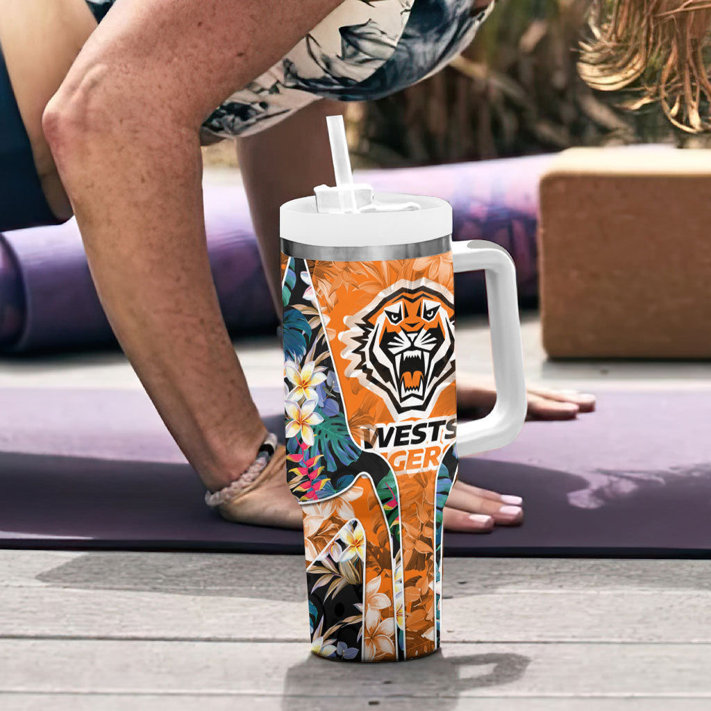 Wests Tigers Tumbler With Handle Tropical Hibiscus Floral Pattern With Orange And Black Accents