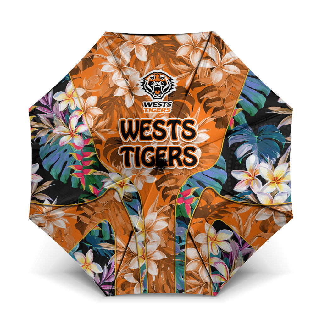 Wests Tigers Umbrella Tropical Hibiscus Floral Pattern With Orange And Black Accents