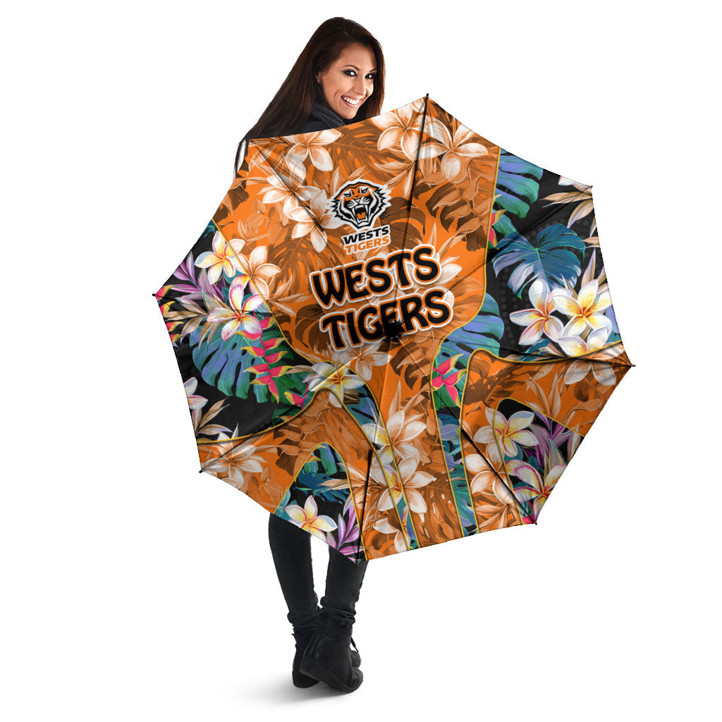 Wests Tigers Umbrella Tropical Hibiscus Floral Pattern With Orange And Black Accents