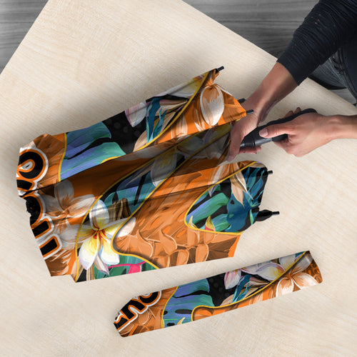 Wests Tigers Umbrella Tropical Hibiscus Floral Pattern With Orange And Black Accents