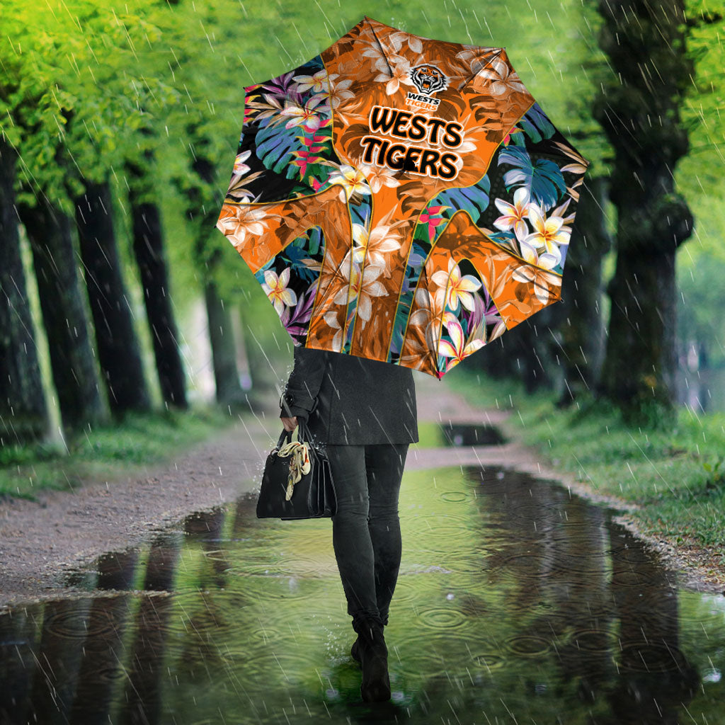 Wests Tigers Umbrella Tropical Hibiscus Floral Pattern With Orange And Black Accents